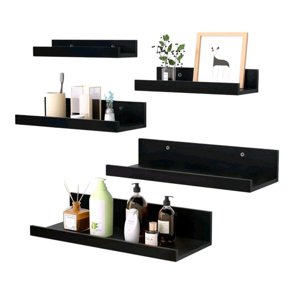 Black Floating Wall Shelves Set of 5 Modern Display Ledges Storage Decor